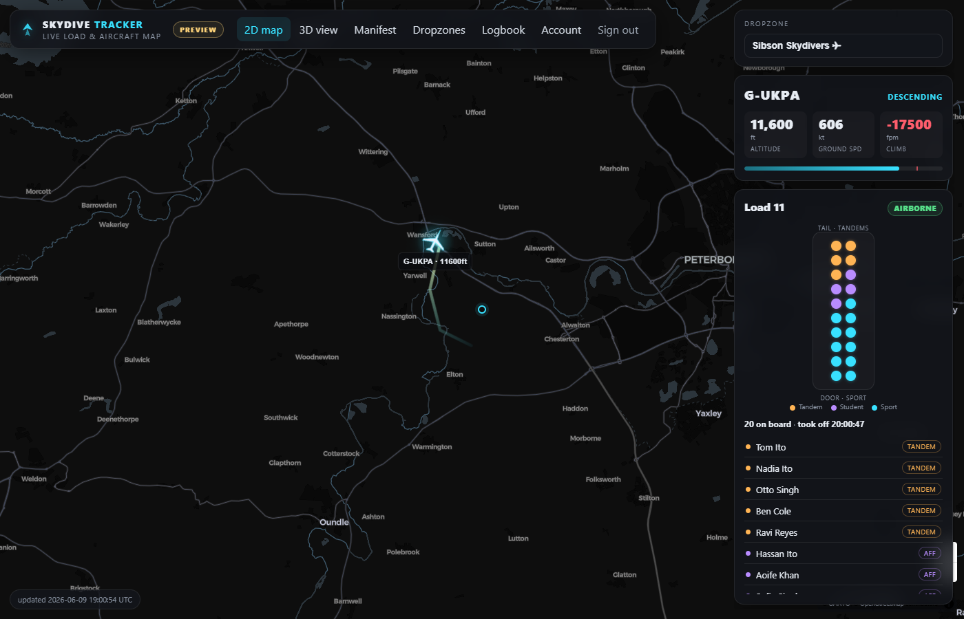 2D live aircraft map with the on-board manifest