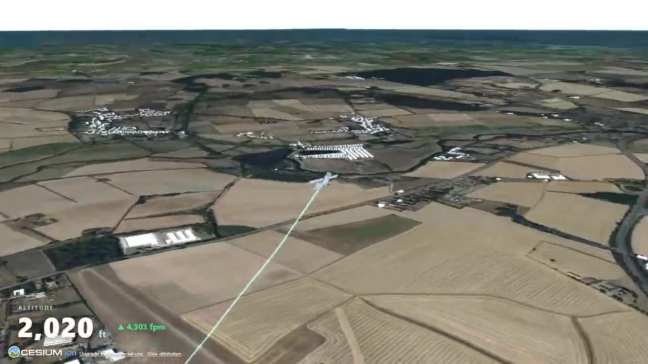3D flight view of a jump aircraft over real terrain