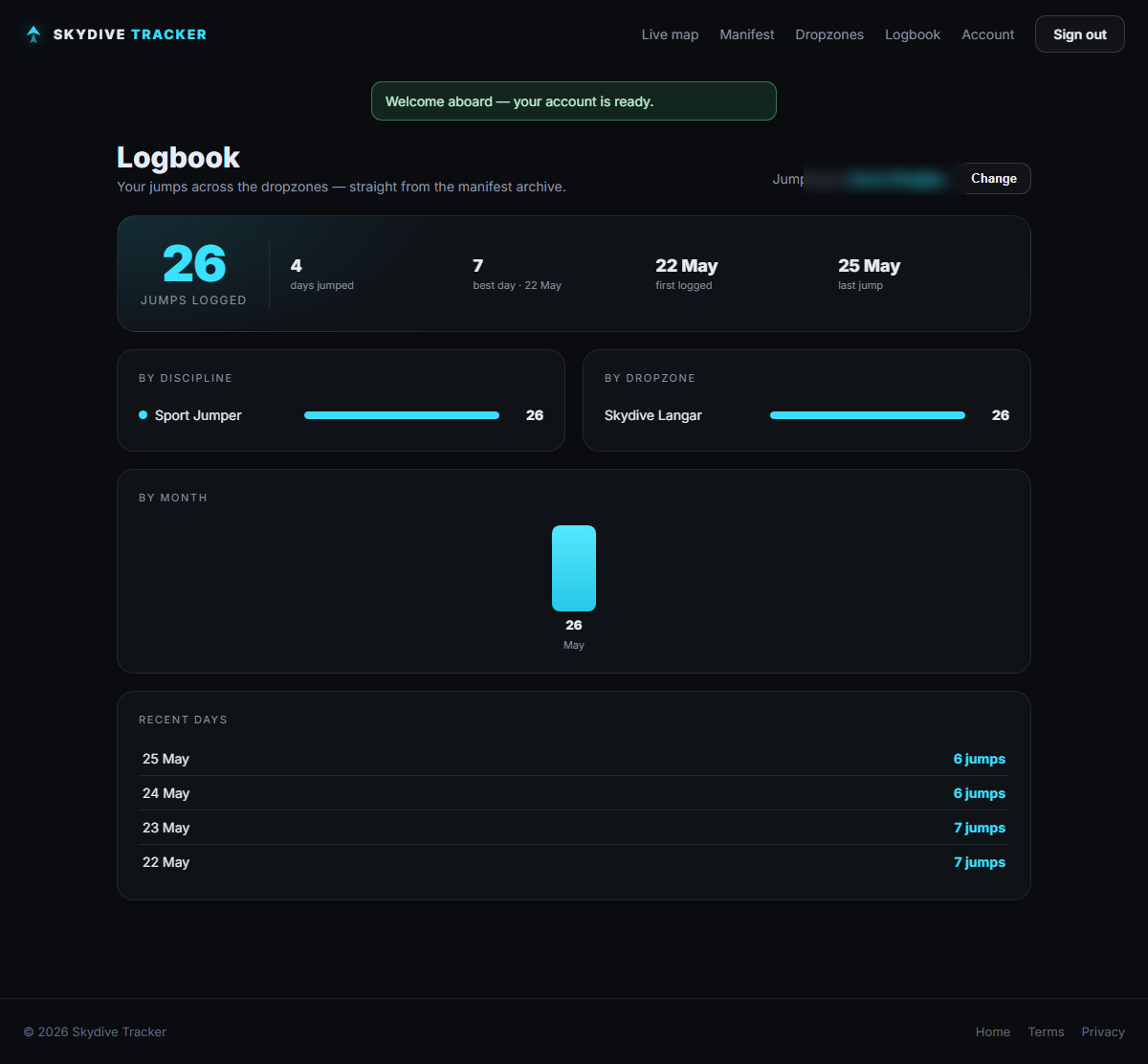 Personal jump logbook with stats and footage
